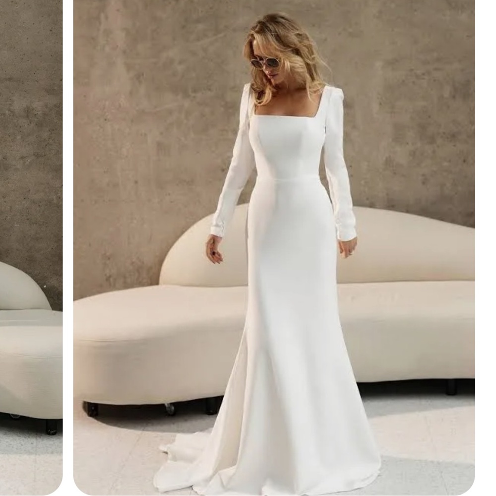 Wedding dress White/ivory clean elegant dress size 4 square neck long sleeves